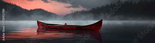 Fotografia Ultra-wide tranquil and picturesque vista where an empty canoe peacefully rests