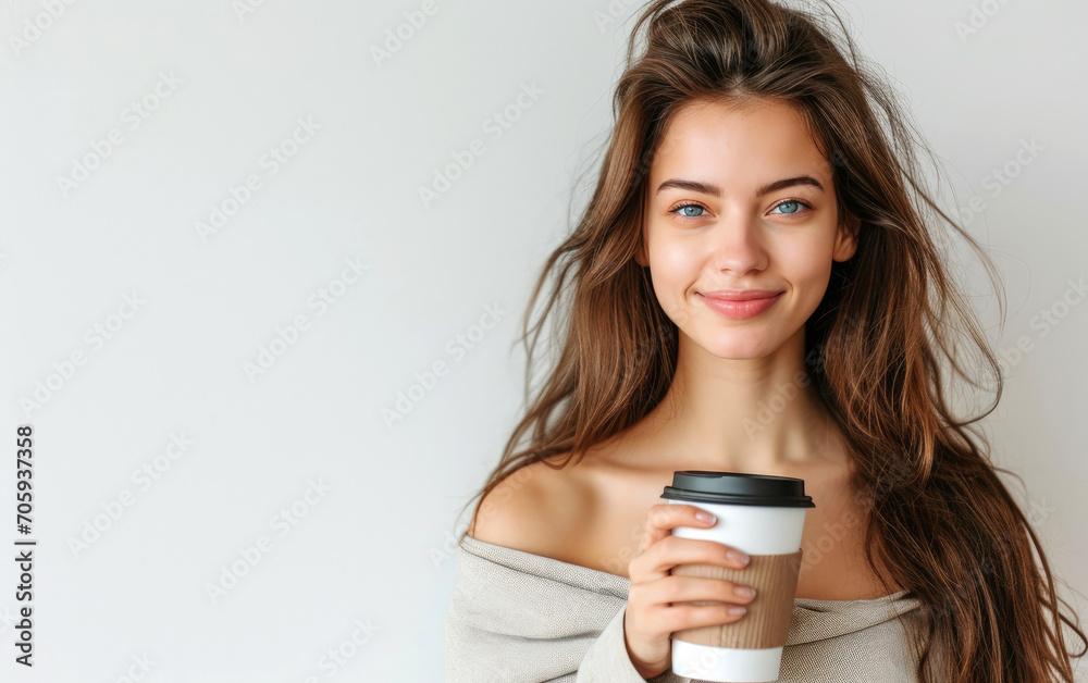 Happy woman holding a coffee cup, white background Happy woman holding a coffee cup, white background