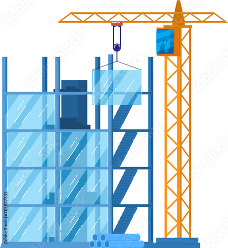 Construction site with tower crane and glass building under construction. Urban development and architecture. Construction project and city growth vector illustration.