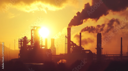 Smoking steelworks at sunset - environment pollution concept