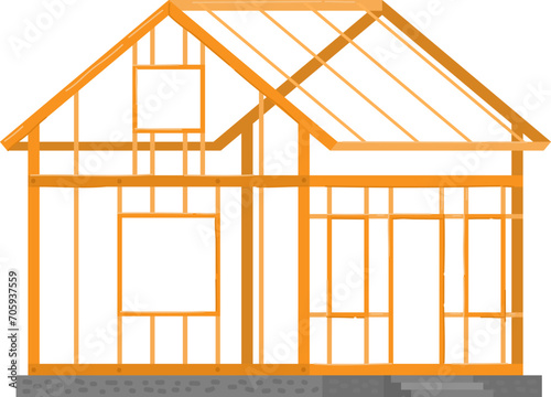 House frame construction with wooden beams and foundation. New home building and design concept vector illustration.
