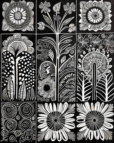 Ilustración blanco y negro naturaleza modernista