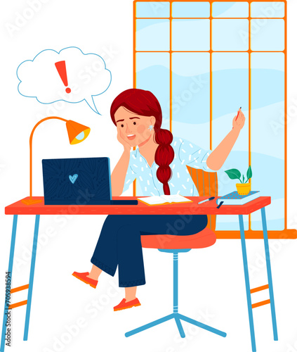 Woman at desk with laptop has sudden idea, raises finger, speech bubble with exclamation mark. Remote work and inspiration concept vector illustration.