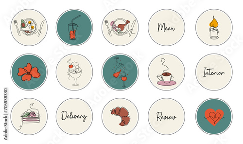 Vector pictograms. Social media Highlights covers. Cute icons for restaurant, cafe or bar. Line art style illustrations.