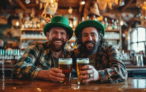 Two funny men with green hats in bar are enjoying their st patrick s day