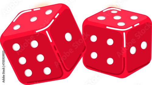 Two red dice showing different numbers on white background. Casino gambling and chance concept vector illustration.