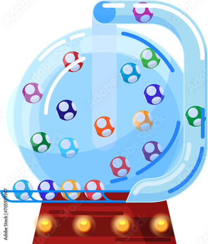 Colorful lottery balls inside a transparent lotto machine. Bingo game drawing, lucky numbers drawing concept vector illustration.
