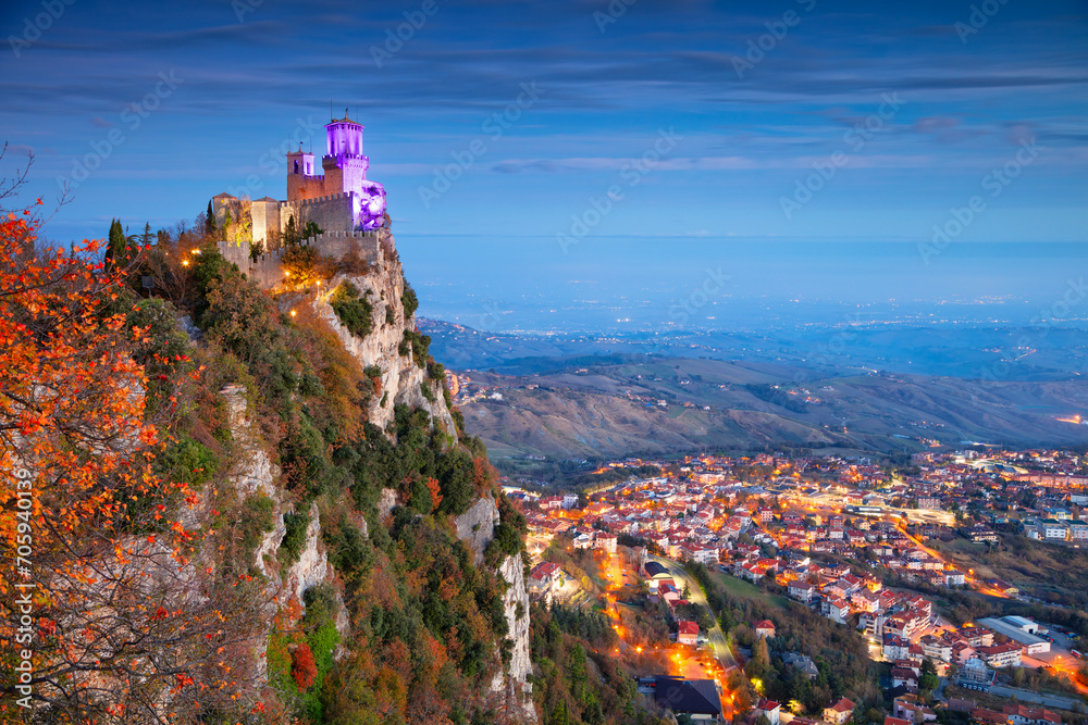 San Marino, Republic of San Marino, Italy. Aerial landscape image of San Marino, Italy at beautiful autumn sunrise.