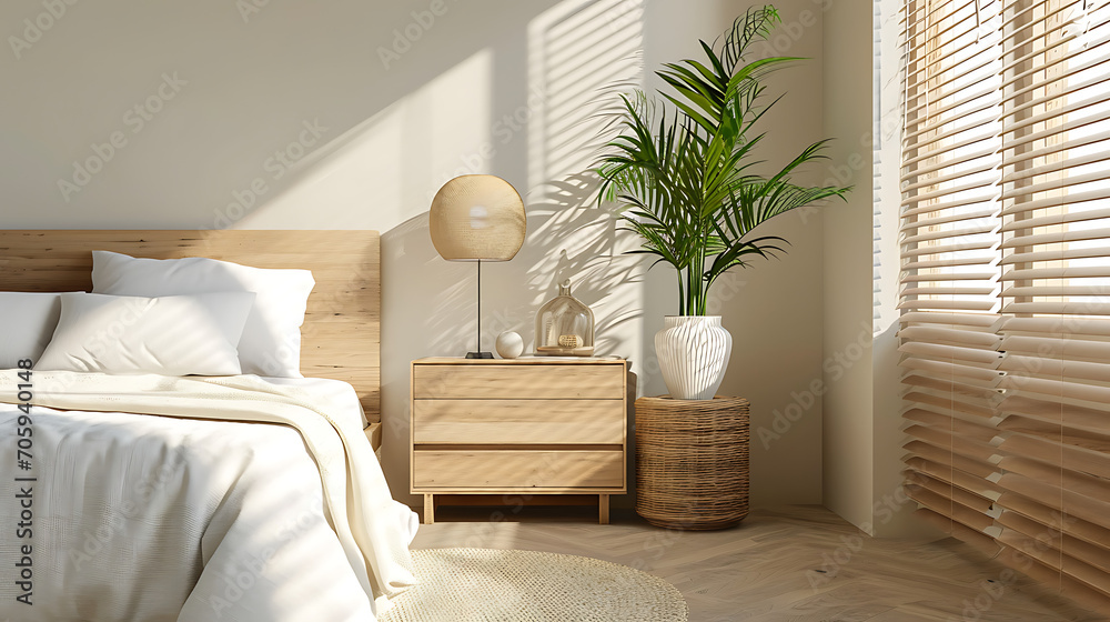 Wooden drawer chest against window. White nightstand near wooden bed. Minimalist boho interior design of modern bedroom Wooden drawer chest against window. White nightstand near wooden bed. Minimalist boho interior design of modern bedroom