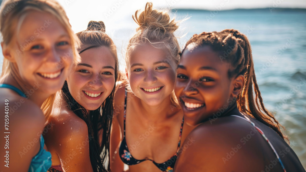 Naklejka premium Group of smiling laughing young women posing at the beach wearing swimsuits looking at the camera