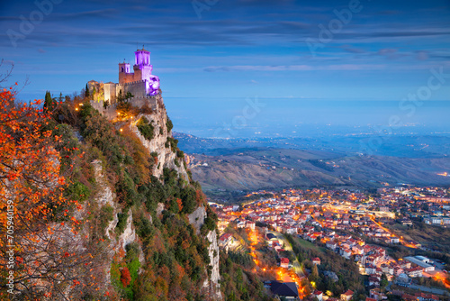 San Marino, Republic of San Marino, Italy. Aerial landscape image of San Marino, Italy at beautiful autumn sunrise.