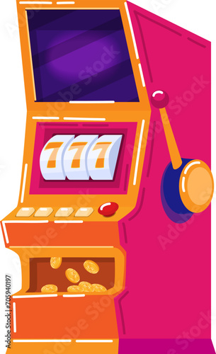 Bright colorful slot machine with 777 jackpot on the screen and coins in the tray. Gambling, casino, luck and fortune vector illustration.