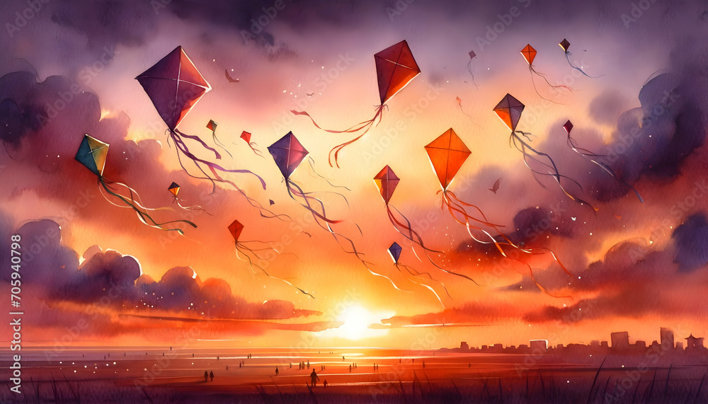 Watercolor illustration of flying kites at sunset. - obrazy, fototapety, plakaty 