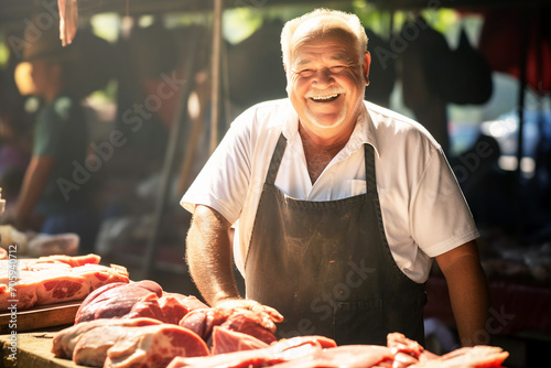 Mature man farmer at a meat counter at the market. A friendly farmer sells fresh meat.