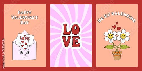 Happy Valentines Day greeting cards. Vertical banners or flyer with trendy retro style typography. Vector flat illustration