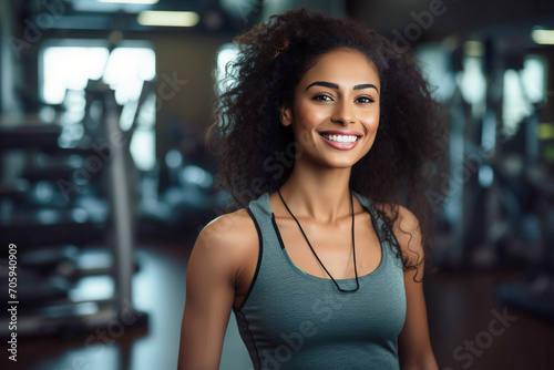 Attractive black woman in sportswear stands against the backdrop of a gym and exercise equipment. Personal trainer in a sports club smiles and looks at the camera.