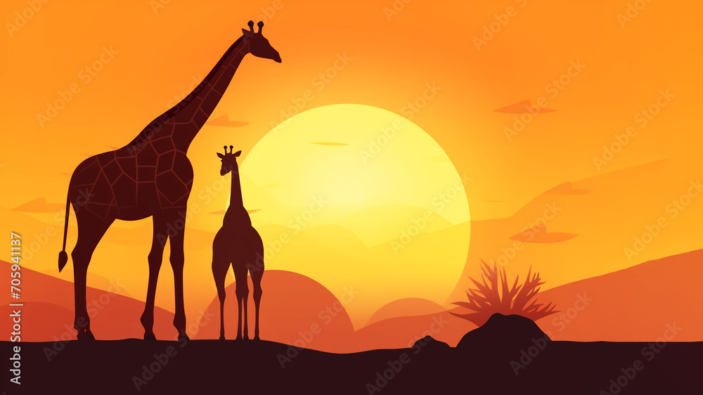 Giraffe and baby giraffe against the backdrop of the setting sun. Banner with free space for text