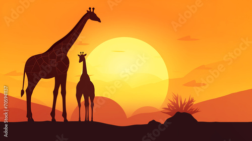 Giraffe and baby giraffe against the backdrop of the setting sun. Banner with free space for text