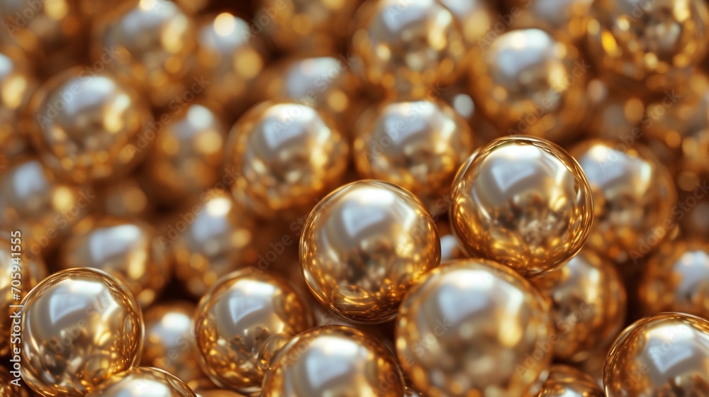 Close-up view of numerous reflective golden spheres packed tightly, creating a mesmerizing and luxurious seamless pattern. Close-up view of numerous reflective golden spheres packed tightly, creating a mesmerizing and luxurious seamless pattern.