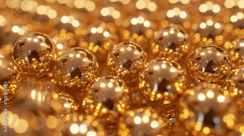 Close-up view of numerous reflective golden spheres packed tightly, creating a mesmerizing and luxurious seamless pattern. photo