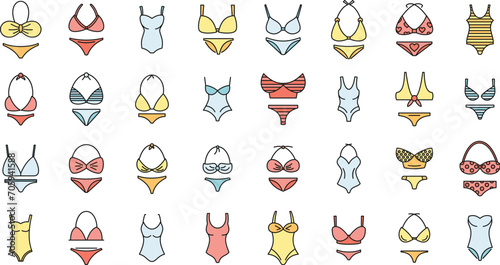 Modern swimsuit icons set. Outline set of modern swimsuit vector icons thin line color flat on white