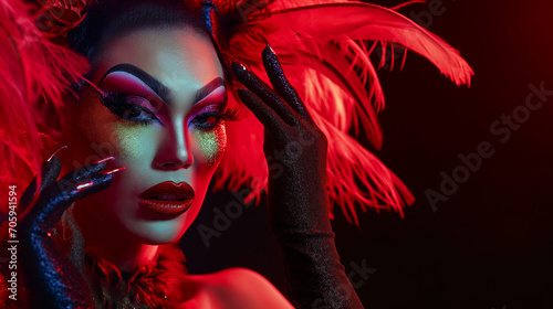 close up portrait of drag queen looking and posing at camera, gorgeous make up and colors, glamorous trashy look with hands with shiny manicure touching face.