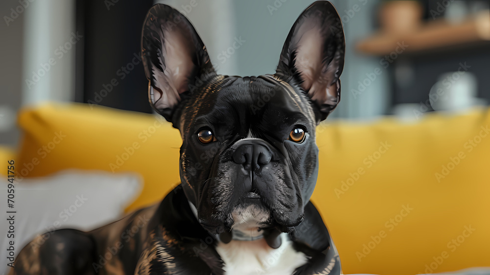 Charming French Bulldog with big ears sitting in a modern urban apartment, looking at the camera