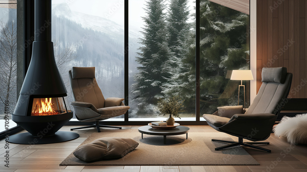 Two recliner chairs in room with stone wall and fireplace. Mid-century, scandinavian home interior design of modern living room. Two recliner chairs in room with stone wall and fireplace. Mid-century, scandinavian home interior design of modern living room.