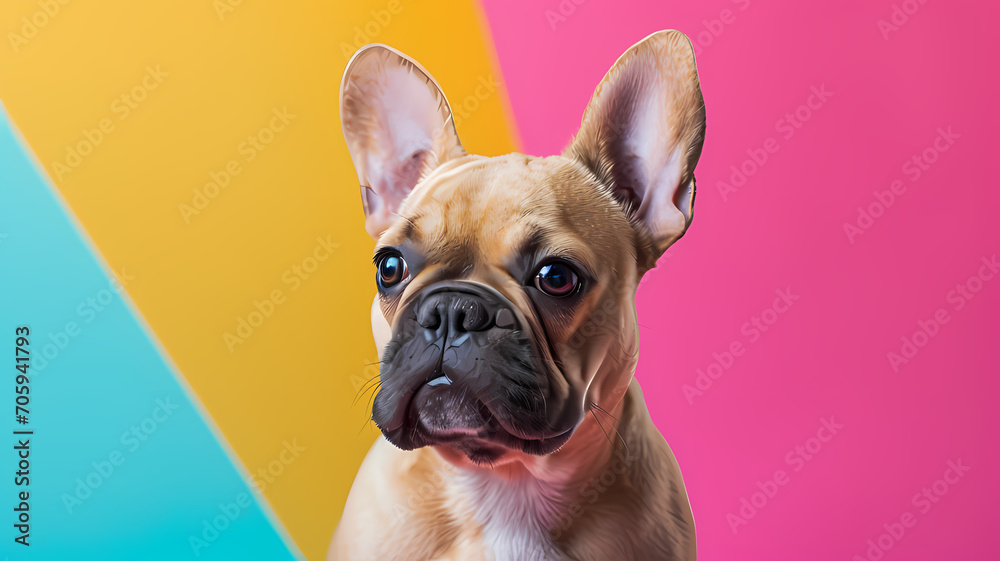 Cute French Bulldog with a head tilt, on a bright, pastel-colored background