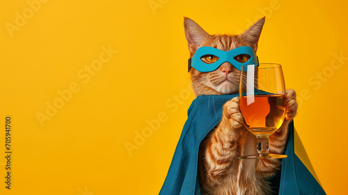The cat superhero is holding a glass of whiskey. Yellow background, copy space.