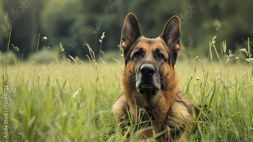 Alert German Shepherd on patrol in a grassy field, embodying the essence of a working dog photo