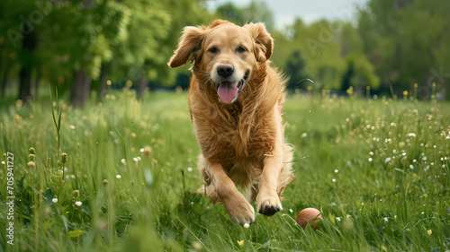 Active Golden Retriever fetching a ball in a lush green meadow, conveying energy and fun