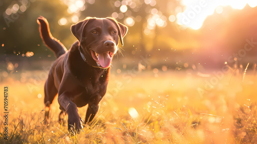Chocolate Labrador Retriever playing fetch in a sunlit field, capturing joy and motion
