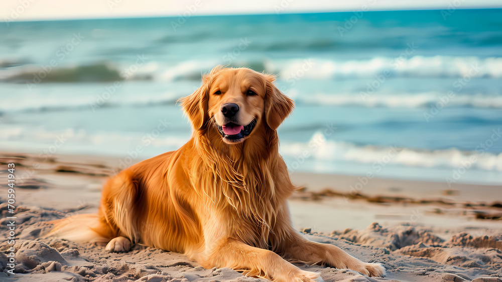 Smiling Golden Retriever on a sunny beach, with waves crashing in the background