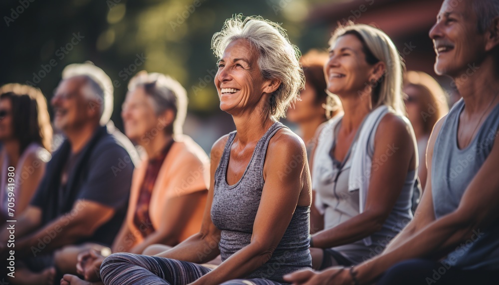 Yoga fitness, clases y entrenamiento de mujeres mayores para el bienestar de la tercera edad. Personas mayores entusiastas del deporte haciendo ejercicio durante una clase de entrenamiento de yoga. - obrazy, fototapety, plakaty 