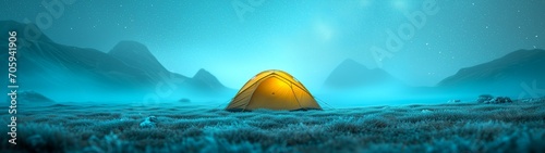 A pitched tent under the glowing night sky stars of the milky way