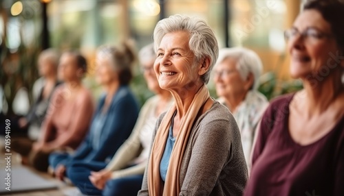 Yoga fitness  clases y entrenamiento de mujeres mayores para el bienestar de la tercera edad. Personas mayores entusiastas del deporte haciendo ejercicio durante una clase de entrenamiento de yoga.