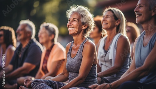Yoga fitness, clases y entrenamiento de mujeres mayores para el bienestar de la tercera edad. Personas mayores entusiastas del deporte haciendo ejercicio durante una clase de entrenamiento de yoga. photo