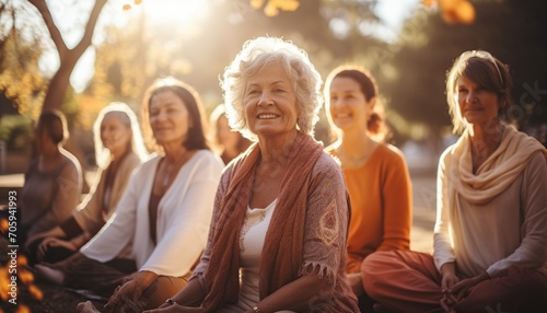 Yoga fitness, clases y entrenamiento de mujeres mayores para el bienestar de la tercera edad. Personas mayores entusiastas del deporte haciendo ejercicio durante una clase de entrenamiento de yoga. photo