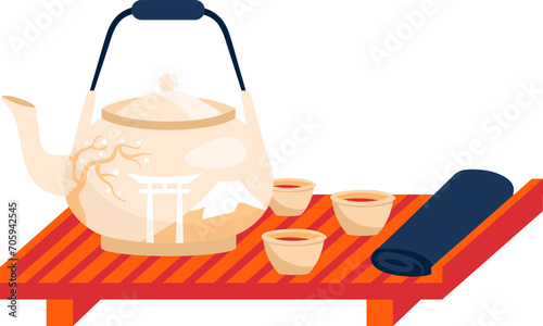 Transparent teapot with cups on a red tray, Asian tea ceremony. Tabletop with a decorative tea set, traditional drink concept vector illustration.