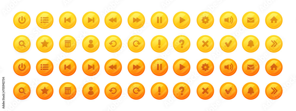 Collection of gold glossy buttons for mobile development, casual games, ui kit