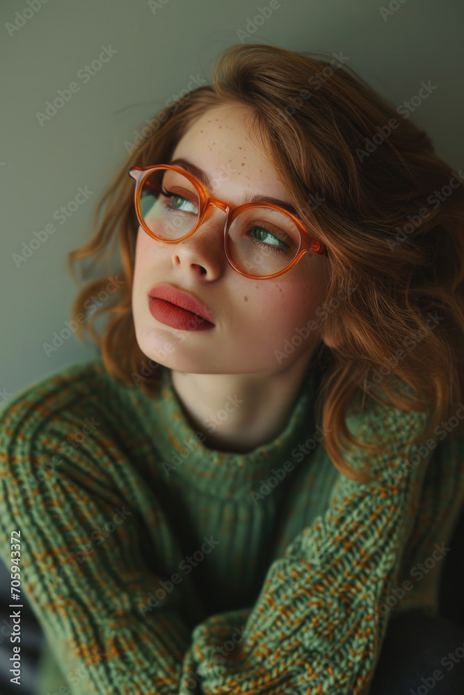 Young Caucasian Woman with Wavy Hair and Orange Glasses Looking Pensive Young Caucasian Woman with Wavy Hair and Orange Glasses Looking Pensive