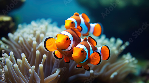 a group of orange and white fish swimming in anemone
