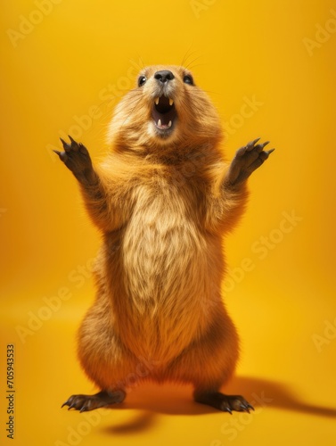 Cute alpine marmot or groundhog standing on its paws, on a yellow or orange background. screams and whistling © Svetlana