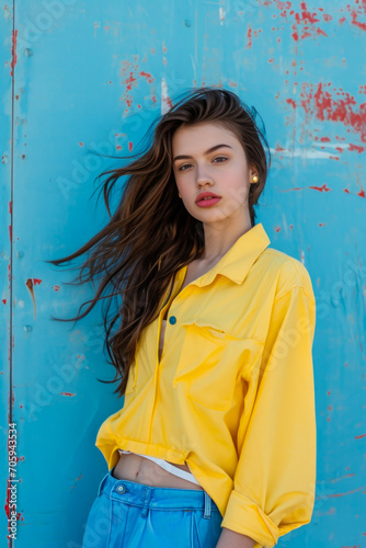Urban Chic - Young Woman in a Yellow Shirt Against a Blue Textured Background © romanets_v