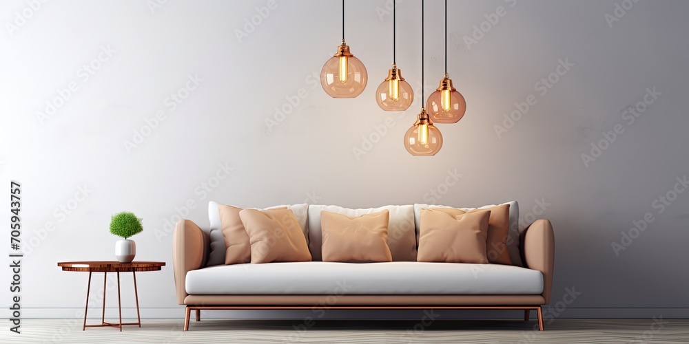 Minimalistic living room with a sofa, copper table, and chandelier in a real photo. - obrazy, fototapety, plakaty 