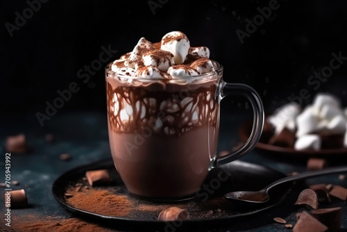 hot chocolate dessert in a cup with chocolate candies on a table , generative AI