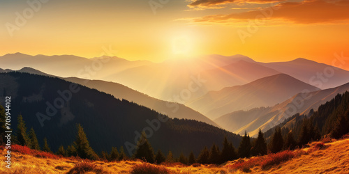 beautiful panoramic landscape view on a mountain ranges at sunset with the sun over the horizon line, generative AI