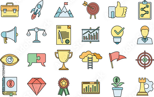 Success mission icons set. Outline set of success mission vector icons thin line color flat on white