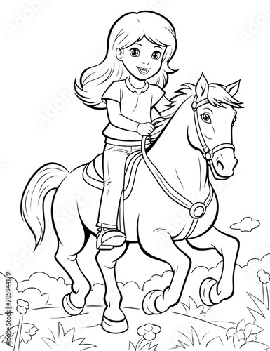 Cute Girl Riding Pony Picture to Color background.Doodle coloring page for kids. Black white illustration